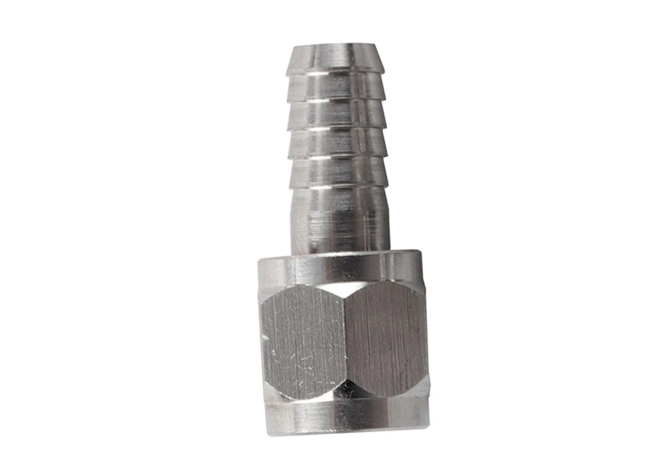 Connector Nut Stainless - 5/16" Barb to 1/4" FFL/MFL Thread (7/16" UNF)